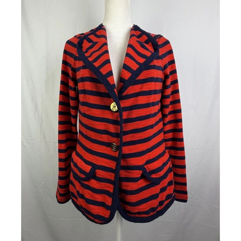 CAbi Sz Small Blazer Cardigan 2 Button #224 Cotton Striped Red Blue Nautical EUC